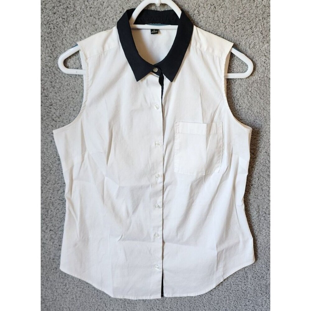 Ann Taylor‎ Women's Sleeveless Button Up Blouse Top Cotton Blend White/Blue Sz 6